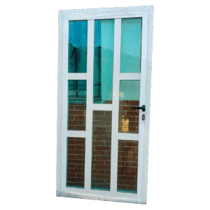 Puerta reticulada de aluminio con vidrio verde transparente