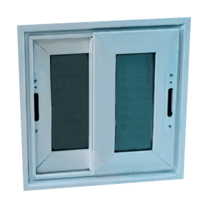 Ventana de apertura lateral con sistema corredizo de dos hojas, ideal para espacios pequeños o con necesidad de ventilación controlada. Marco metálico en color blanco y vidrio polarizado que ayuda a reducir el calor y mantiene la privacidad. Perfecta para cocinas, baños o áreas de servicio.