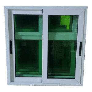 Ventana corrediza con paneles de vidrio verde esmerilado que brindan privacidad y reducción de la luminosidad directa. El marco metálico blanco complementa su diseño limpio y moderno, siendo ideal para oficinas o habitaciones donde se busca una combinación de funcionalidad y estética.