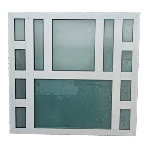 Ventana fija con estructura blanca de aluminio y diseño moderno de cuadros en vidrio esmerilado. Ideal para fachadas, divisiones interiores o entradas que requieran iluminación natural con privacidad.